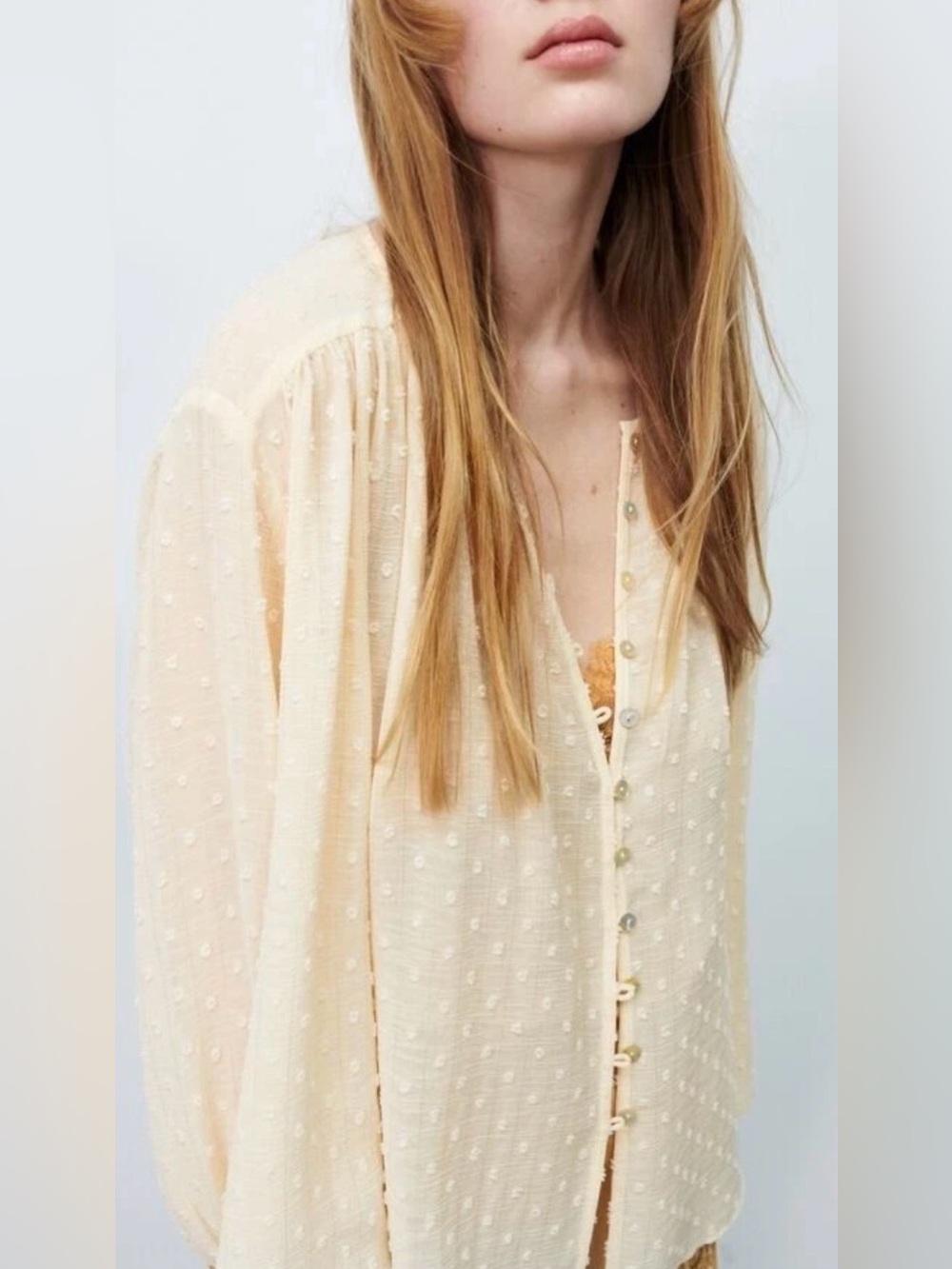 Zara Cream Swiss Dot Sheer Button Front Blouse Flowy Relaxed Blouse Top M